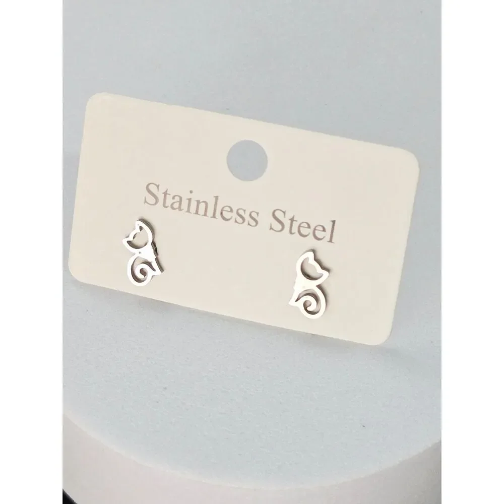 Cat Outline Stud Earrings Dainty Stainless Steel Minimalist Pet Lover Silver